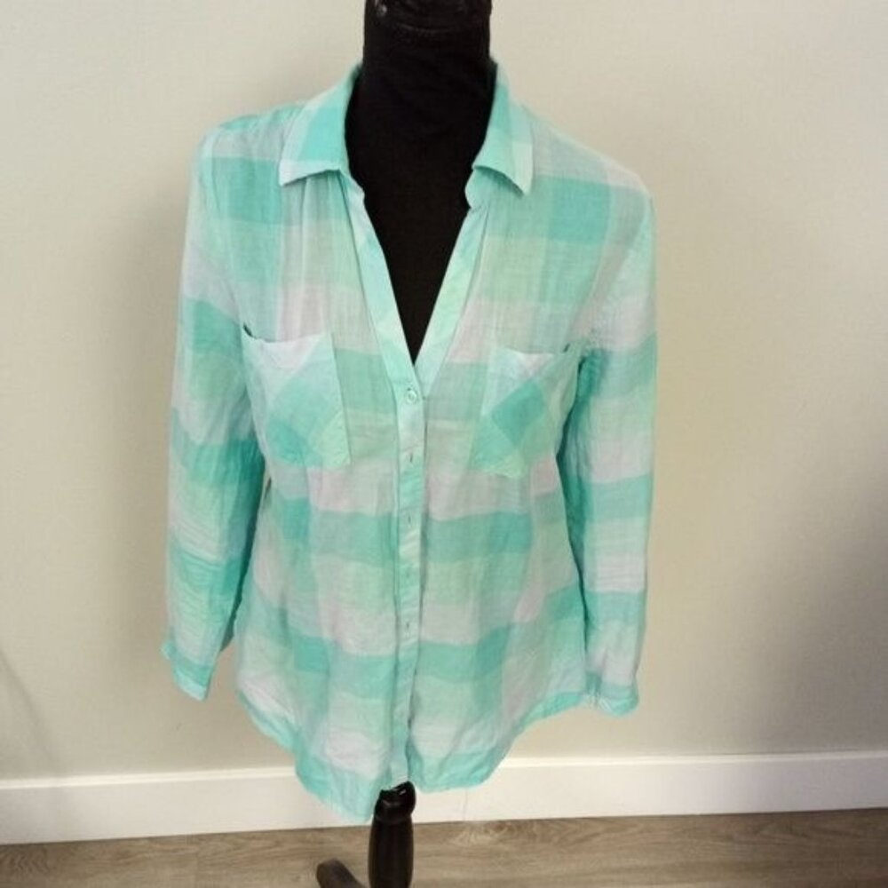Relativity Women's Green Blue Checkered Long Sleeve Button-down Shirt L